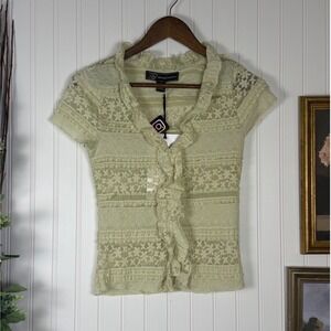 Rich & Famous Top Women S Green New Ruffle Lace Cardigan